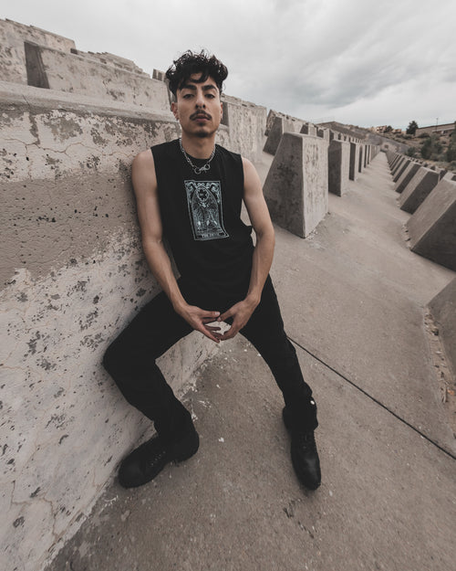 Devil tarot graphic tank worn by model, relaxed-fit black cotton tank top