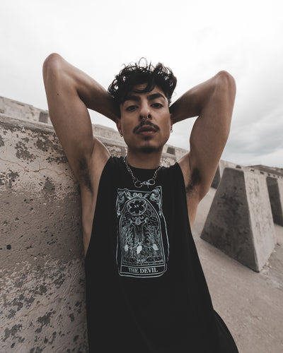 Model wearing the Devil Tarot Tank by The Pretty Cult, black cotton tarot graphic tank top