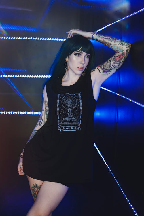 Cosmic Witch graphic tank worn by model, relaxed-fit black cotton tank top