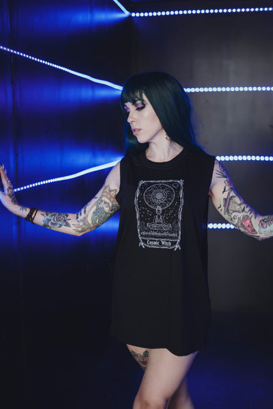 Model wearing the Cosmic Witch Tank by The Pretty Cult, black cotton witch graphic tank top