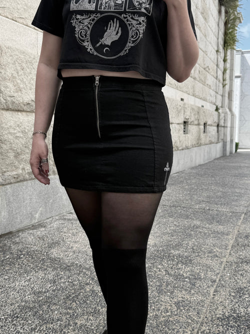 black embroidered mini skirt styled with alternative gothic outfit