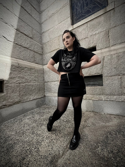 gothic mini skirt with side embroidery and metal zipper closure