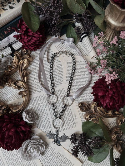 fire dragon necklace with ribbon and chain in dark gothic style
